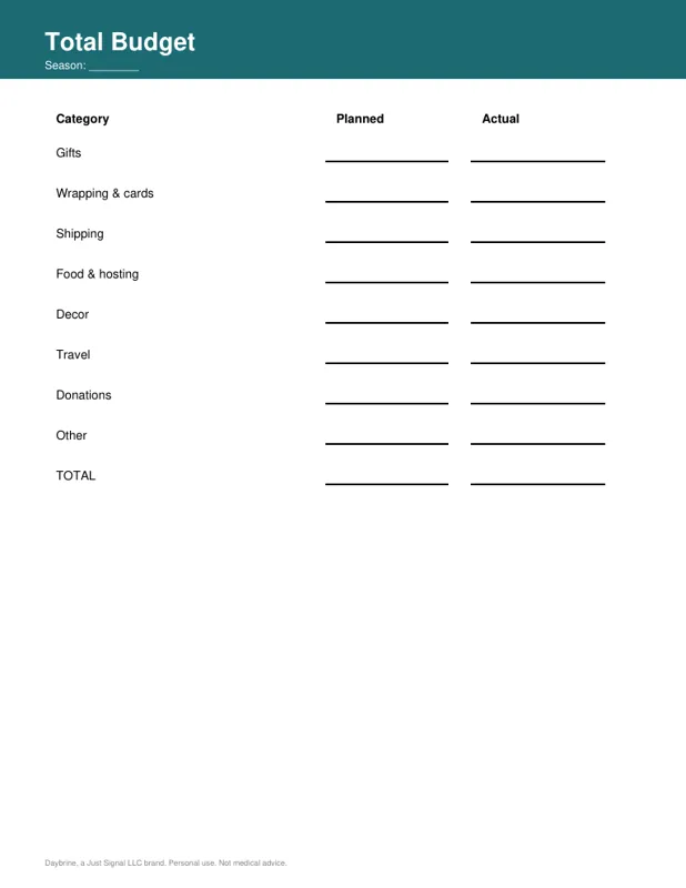 Holiday Gift Budget Planner, budget page